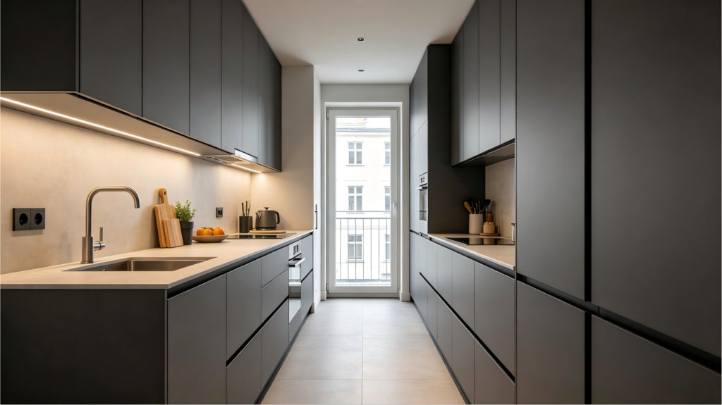Double-row cabinet layout for long narrow EU apartment kitchens, standard EU walkway width, classified storage design, export-grade hardware and materials.