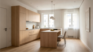 Open-concept small kitchen with mini peninsula countertop, multi-functional integrated design, lacquer & solid wood customized finishes, matching European modern home aesthetics.