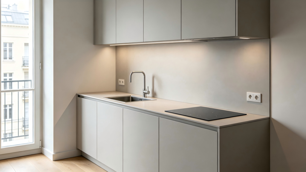 Clean minimalist single-wall kitchen layout, full custom size, melamine matte finish, ultra-space-saving design, suitable for EU studio & mini apartment kitchens