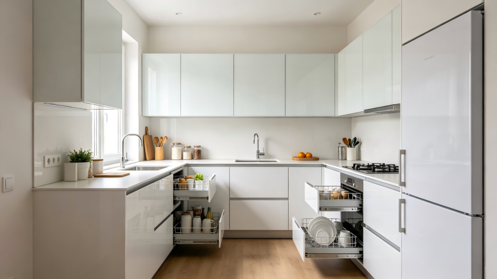 Ergonomic U-shaped kitchen solution with complete work triangle design, corner storage optimization, PET high-gloss & veneer dual finishes, for 6–10㎡ EU residential kitchens.