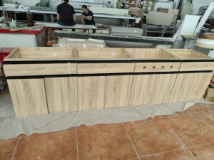 Full row pre-assembled base cabinets for France kitchen cabinet QC inspection